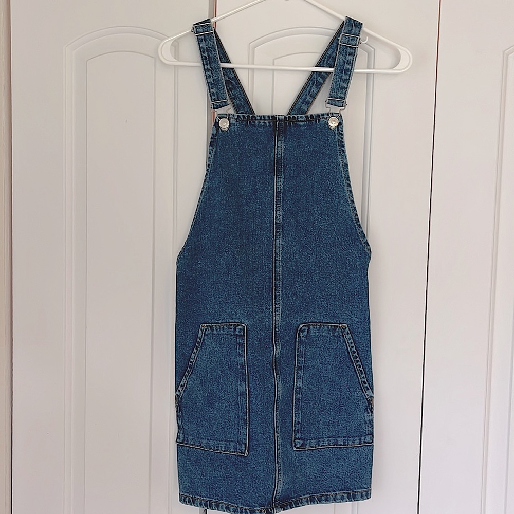 Denim overall mini dress.  Top shop brand size SM/4